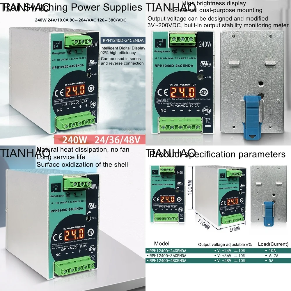 240W 24V 48V Switching Power Supply for DIN Rail Mount Industrial DC Voltage Stabilized Power Adapter with Digital Display