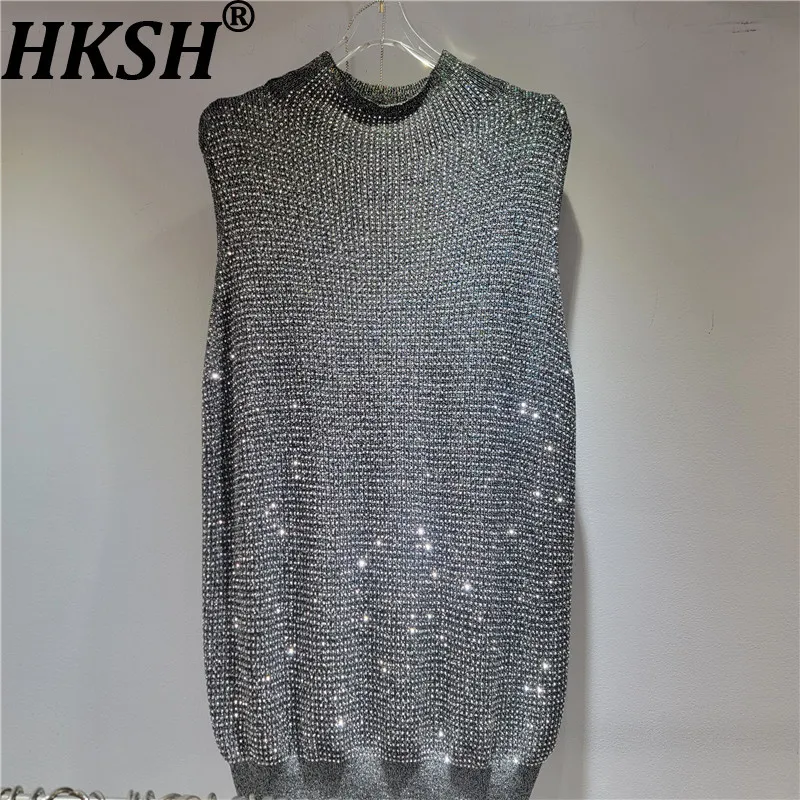 HKSH 2026 Summer New Women Knitted Vest Half-turtleneck Studded Diamonds Sleeveless Sexy Punk Chic Luxury Dance Tank Top HK18492