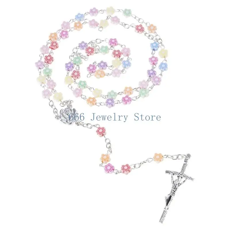 F2TD Flower Crystal Beads Rosary Catholic Necklace Crucifix Necklace Rosary Necklace Pendant Necklaces