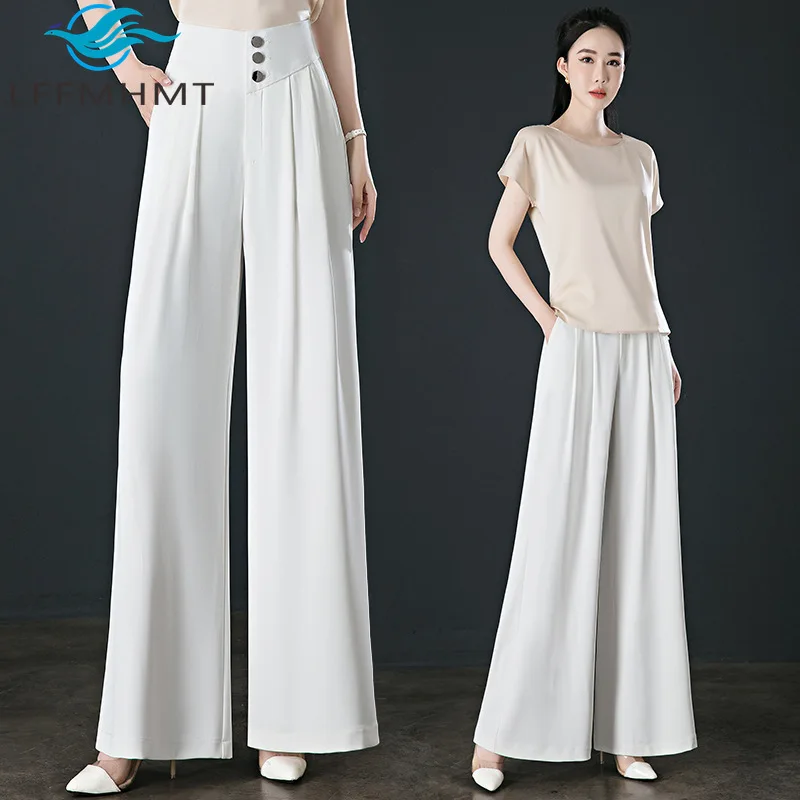 Summer Fashion Women Silky Feeling High Waist Wide Leg Trouser Female Solid Color Simple Basic Loose Casual All-match Thin Pants