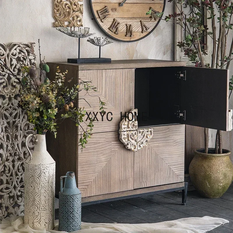 

TAO Bed & Breakfast Curio Cabinet Carved Living Room Wall Cabinet Vintage Distressed Locker Iron Art