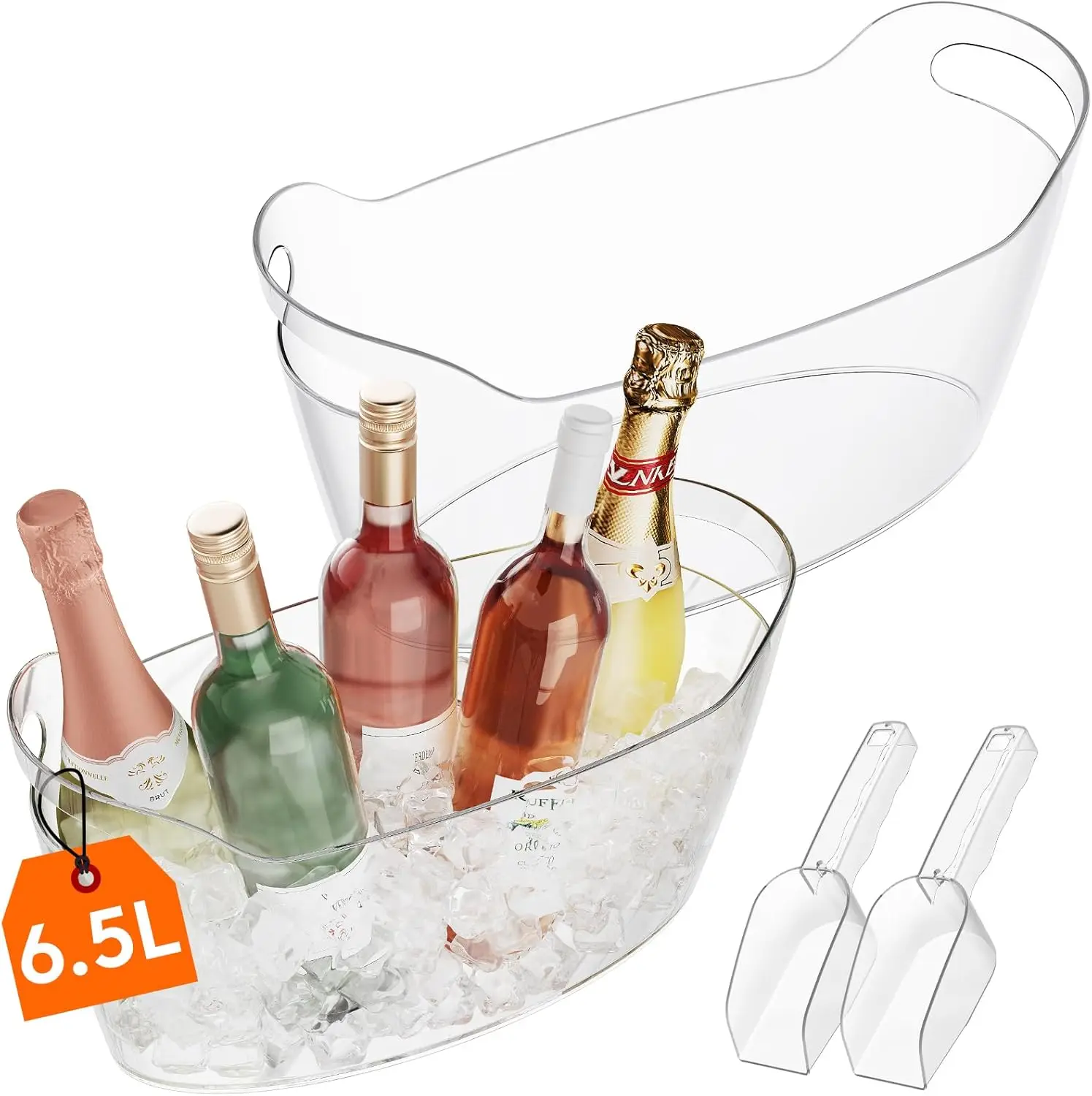 6.5L Portable Ice Bucket for Parties, 2-Pack Plastic Drink Cooler for Wine/Beer/Cocktails with Scoop