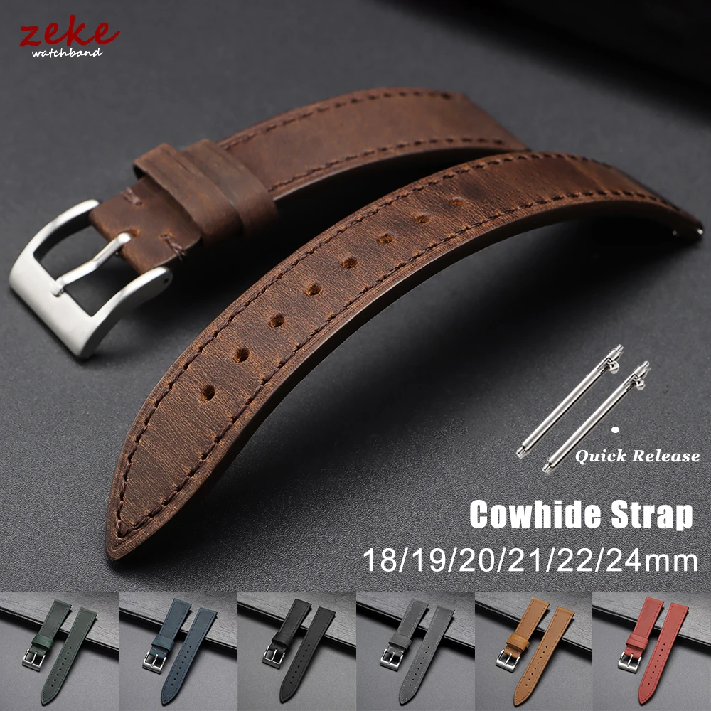 Schnellverschluss-Uhrenarmband aus Vintage-Leder mit Nähten, Rindslederarmband für Omega 18/19/20/21/22/24 mm, braunes Armband für Seiko