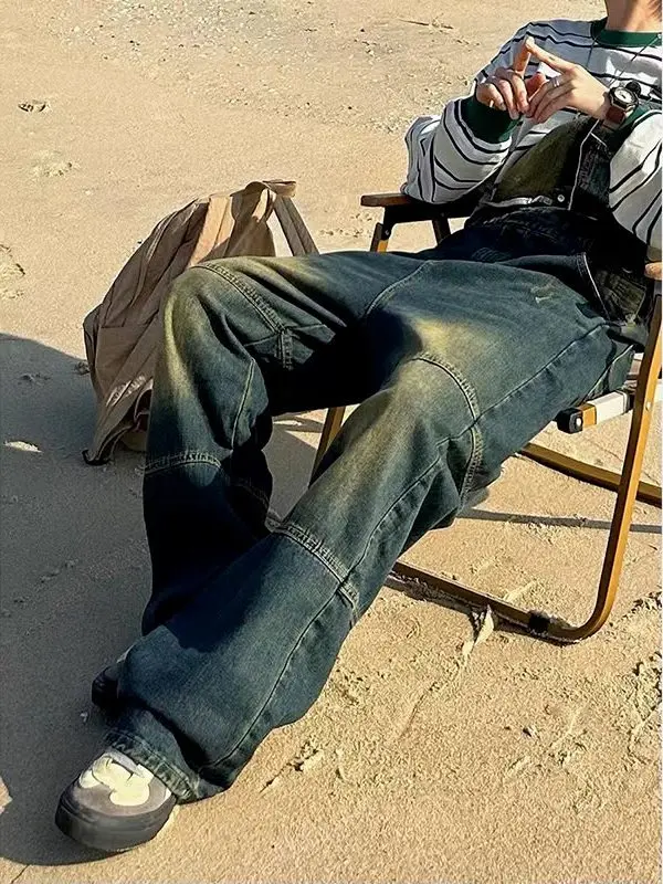 アメリカン スレ メンズ デニム オーバーオール ストレートレッグ ワークウェア カジュアル ワイドレッグ パンツ ミッドウエスト ロングパンツ 夏シーズン