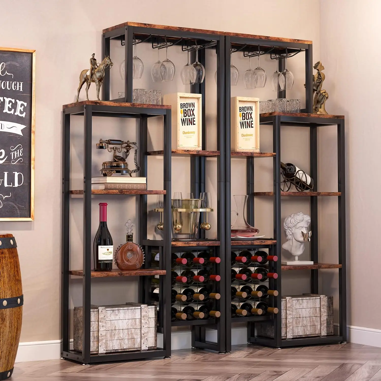 Autônomo Piso Baker Rack com Suporte de Vidro e Armazenamento, Prateleira de Exposição Industrial, Wine Bar Gabinete para Bar, 5 Tiers