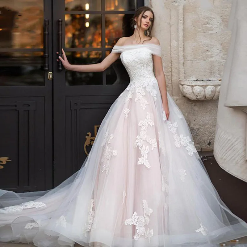 Luxury Lace Up Pink Wedding Dresses 2024 Ball Gown Sexy Boat Neck Tulle Lace Bride Dress With Backless Pleats Vestido De Novia