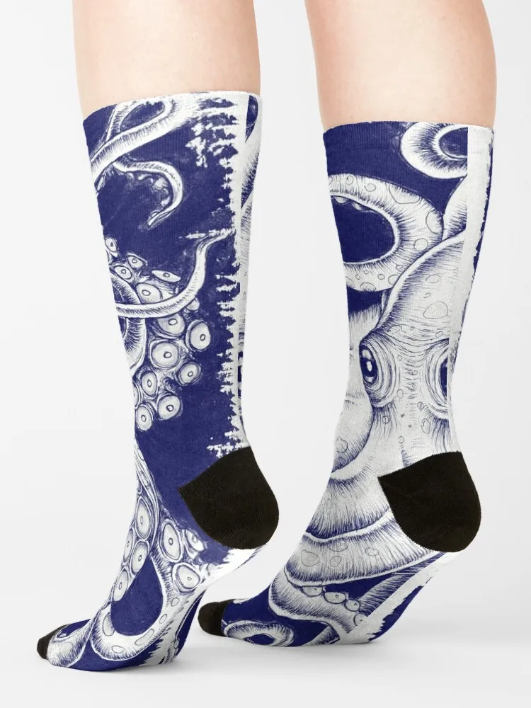 Calcetines de tinta cepillada monocromática azul para hombre y mujer, medias retro de moda japonesa, tentáculos de pulpo, Crossfit