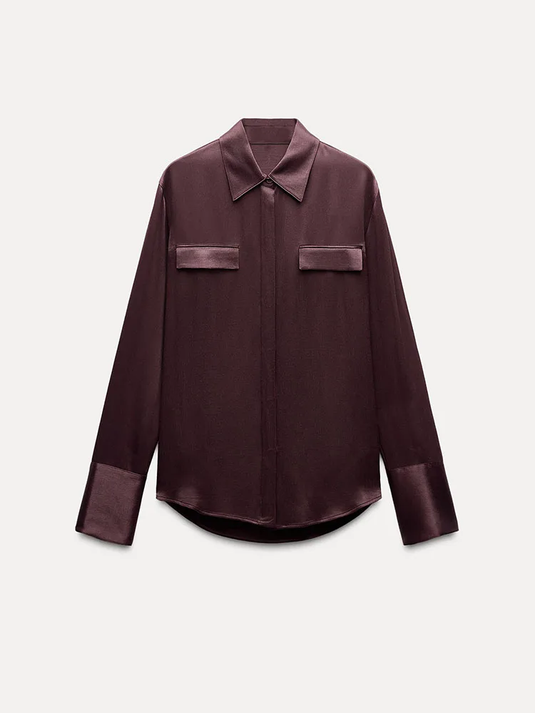 

Spring 2025 New Women's Casual Long Sve Silk Satin Feel irt Collared with ket Flip Design Ladies Faion Premium Quali