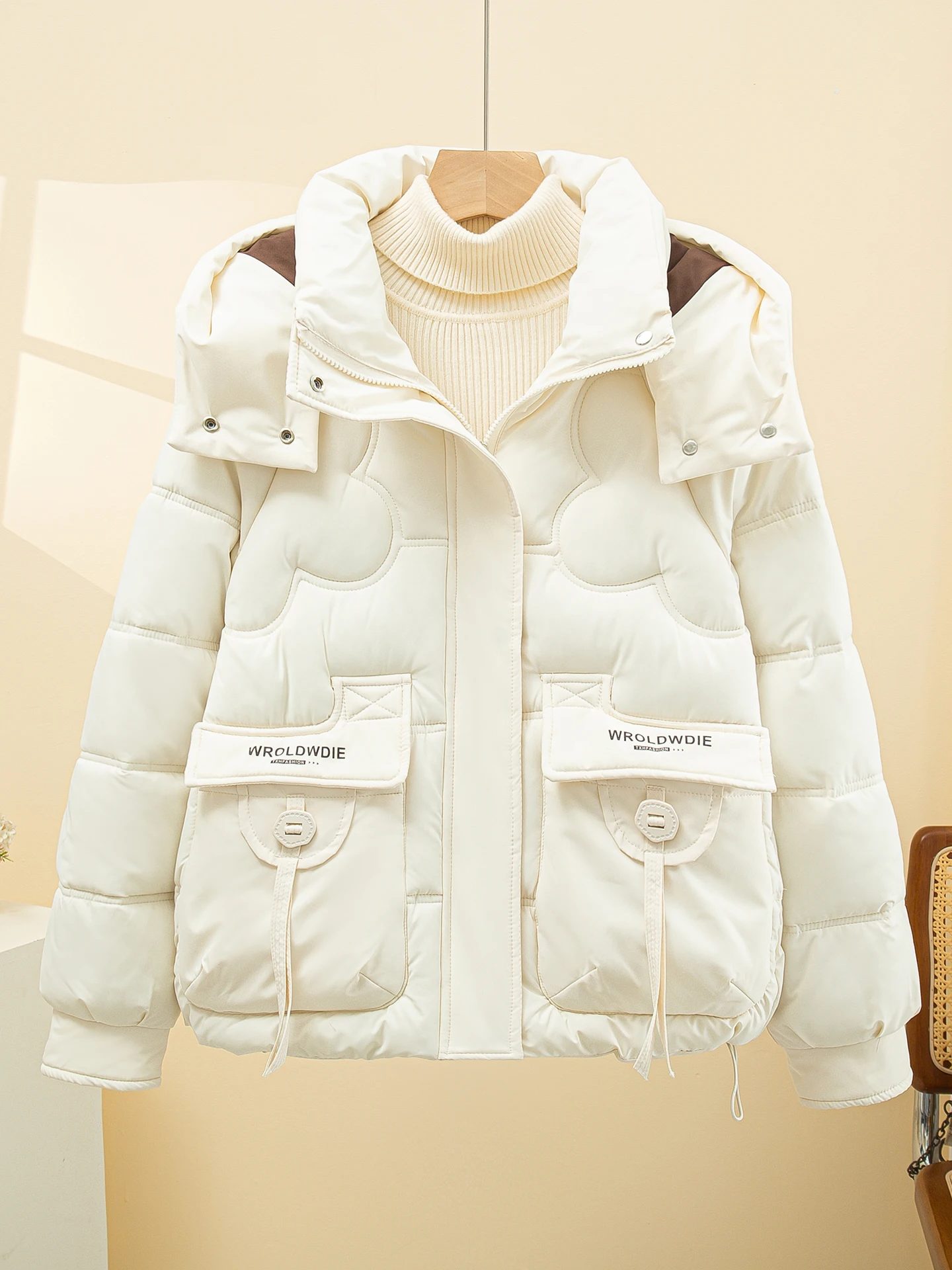 

Women's ort down Cotton Jaet 2025 New Winter Loose Faion Warm Hat Small Size Outerwear Korean Sle Printed Zipper ket