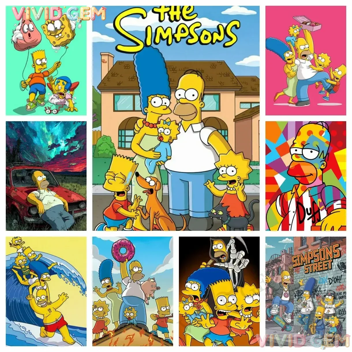 VIVID GEM Anime The S-Simpsons 5D DIY Full Square Round Diamond Painting Home Living Room Bedroom Aesthetic Bar Decoration