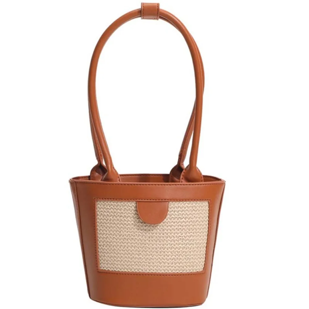 

Retro PU Woven Bucket Bag Anti-Splash Water Large Capacity Women Bucket Handbag Polyester Korean Style Straw Shoulder Bag Summer