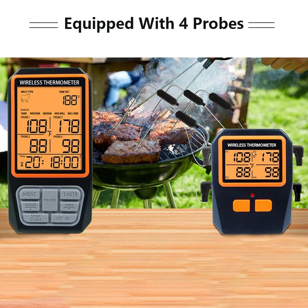 YouMI 4 Probes Backlight LCD Display 100M Wireless Range Digital Kitchen Cooking BBQ Oven Meat Thermometer With Alarm Function