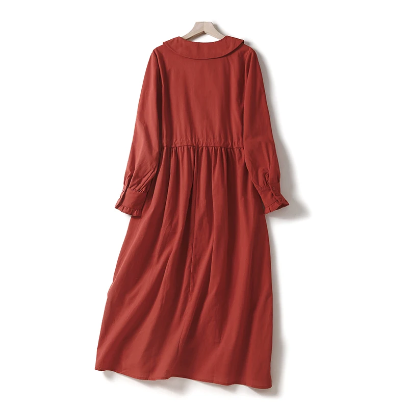 2024 New Spring Autumn Cotton Linen Long Sleeve Vintage Dresses For Women Casual Red Dress Robe Femme Elegant Fashion Clothing