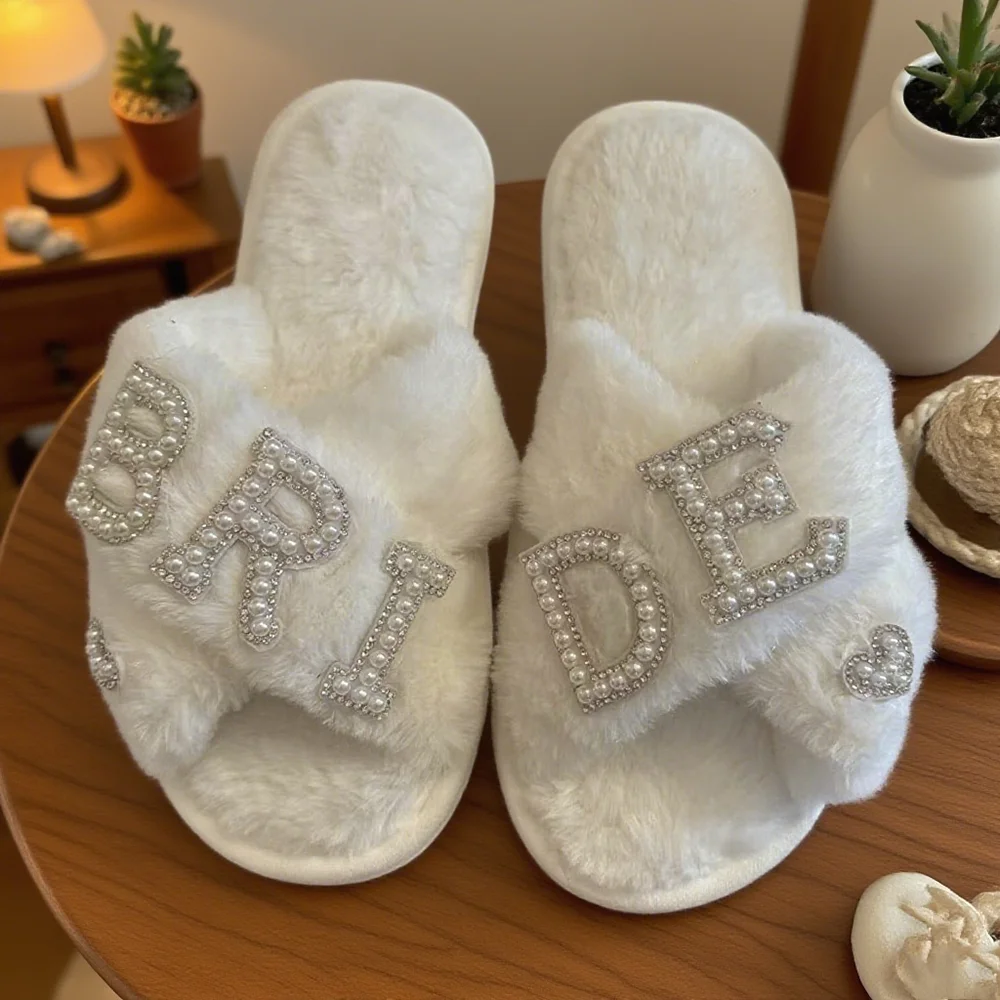 

White Fluffy Slippers Embellished Pearl Letter Slippers Bride To Be Bridal Shower Honeymoon Wedding Bachelorette Party Supplies