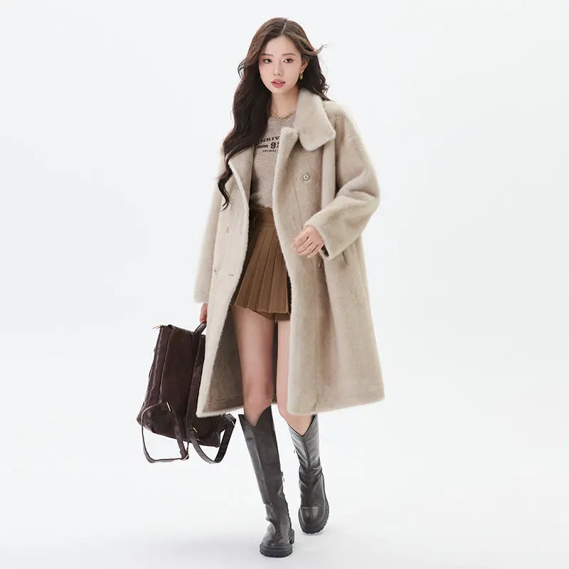 2024 Winter Faux Fur Coat Thickened Warm Mink Fleece Lntegrated Outwear Women Mid Length Environmental Protection Lady Fur Coat