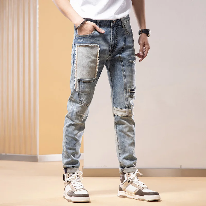 High Street Fashion Men Jeans Retro Washed Blue Stretch Slim Fit Ripped Jeans Men Patched Designer Hip Hop Denim Pants Hombre