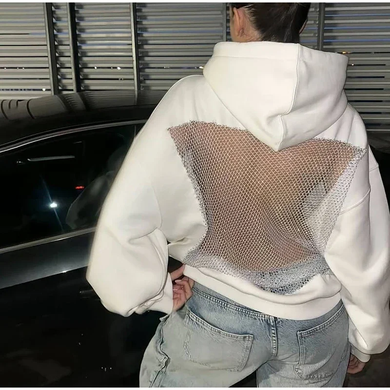 مثير القوطية شبكة عارية الذراعين هوديي المرأة شفافة المرقعة كم طويل شارع العليا البلوز الخريف الساخن الفتيات ملابس علوية