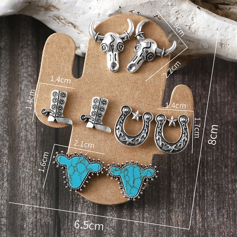 4 Pairs of Western Style Earrings for Women Steer Bull Head/Cowboy Boot Hat/Turquoise Cactus Stud Earrings Pack Western Country