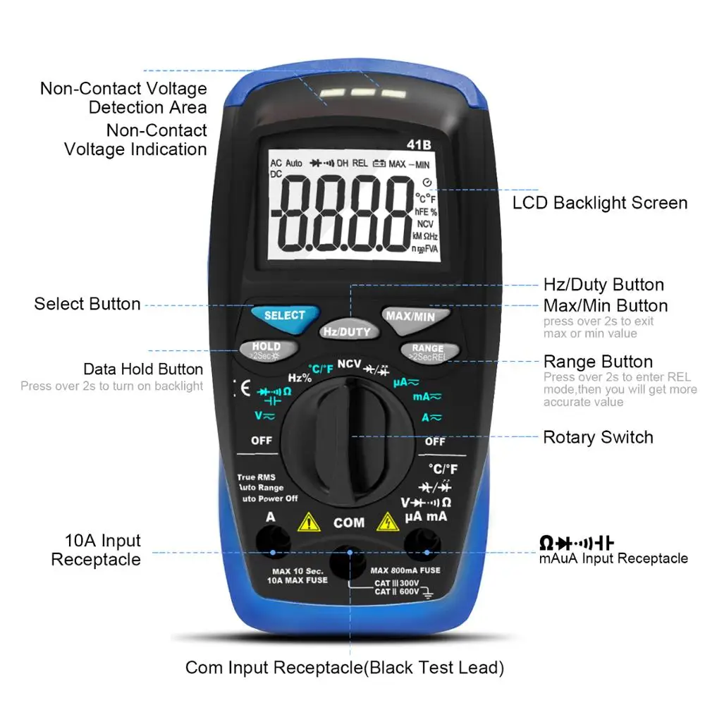 

Holdpeak HP-41B 6000 Counts Voltmeter Ammeter for AC DC Test ,NCV,RMS,Capacitance Temp Electrical Diode Tester with Back Light