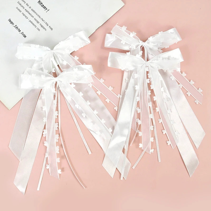 10pcs White Lace Silk Ribbon Bow Wedding Car Chair Sash Bridal Bouquet Decoration Birthday Party Christmas DIY Gift Box Bowknot