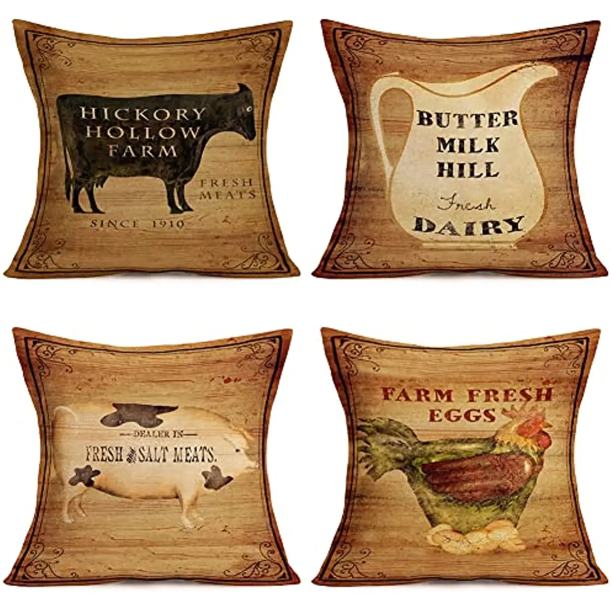 

4Pcs Vintage Wood Pillowcase Grain Animals Cotton Linen Throw Pillow Covers Farmhouse Home Sofa Couch Decor Cushion Cover 18x18