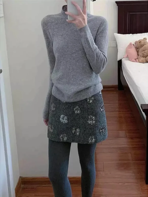 

High Waist ort A-Line Skirt for Small Stature Women Embroidered Wool Blend Pencil Skirt Slimming Patchwork Autumn Winter pl...