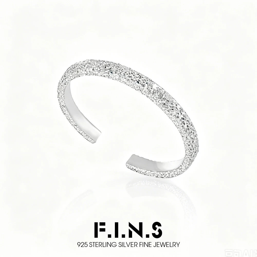 F.I.N.S Brushed Bling S925 Sterling Silver Finger Ring Simple Matt-Finish Open Resizable Wedding Band Party Fine Jewelry Gifts