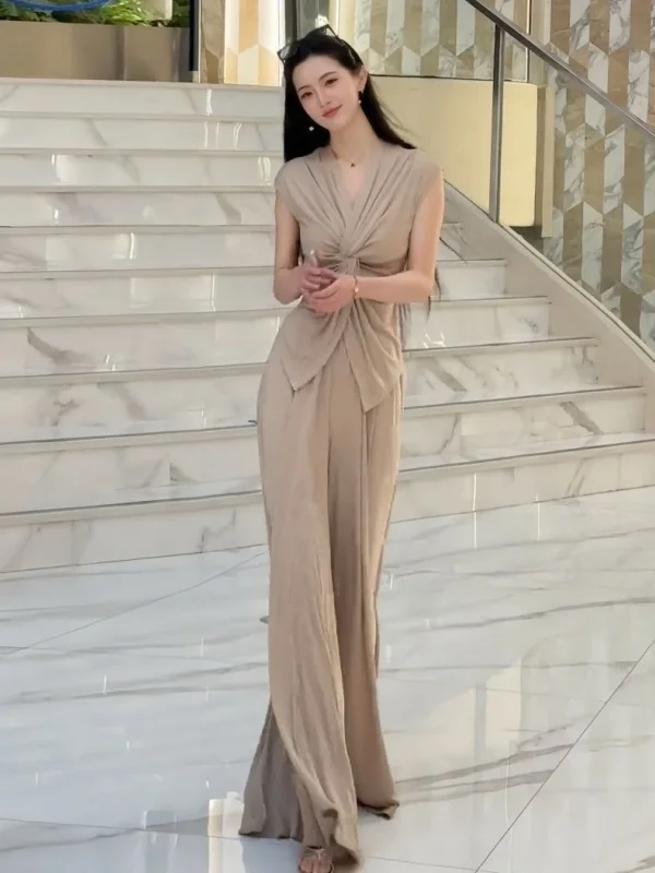 Conjunto de Duas Peças com Nó E, Top com Decote em V e Calças de Perna Larga, Roupa de Verão Faion de Alto Padrão pa...
