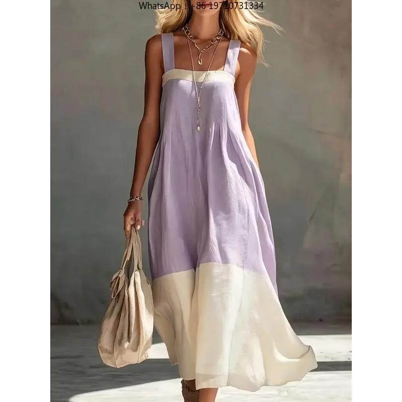 Women Color Block Spaghetti Strap Maxi Dress Sleeveless Tiered Loose Flowy Casual Beach Vacation Sundress