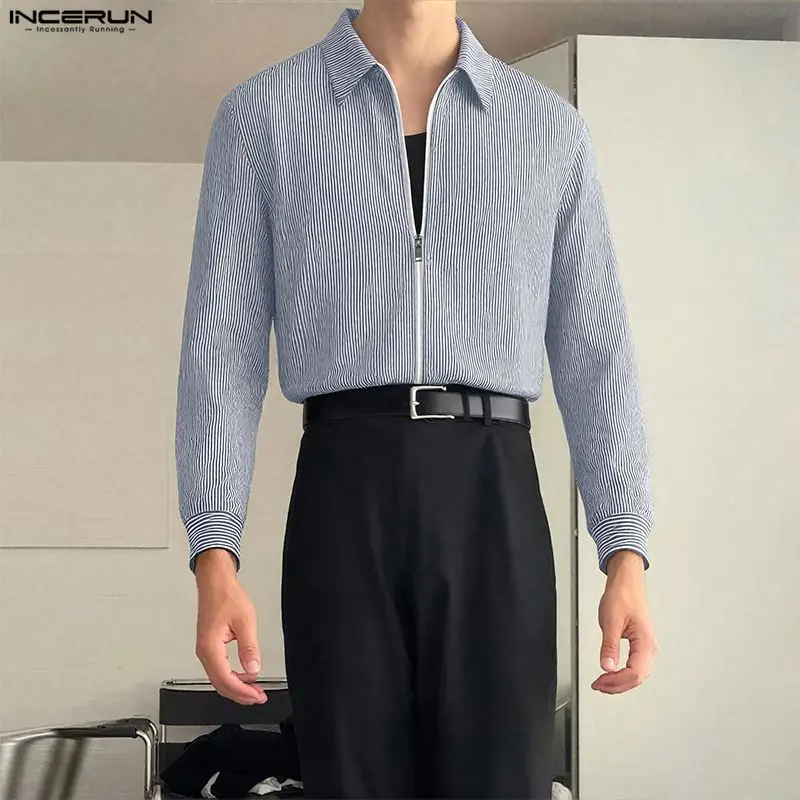 INCERUN الرجال قميص مخطط التلبيب سحاب أكمام طويلة عادية المحاصيل القمم الرجال الشارع الشهير فضفاض الكورية نمط موضة الرجال الملابس S-3XL