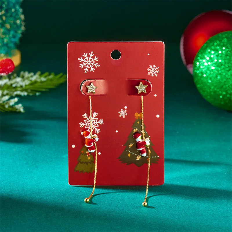 New Design Moving Santa Claus Tassel Dangle Earrings for Women Christmas Tree Snowflake Asymmetric Long Earring New Year Jewelry