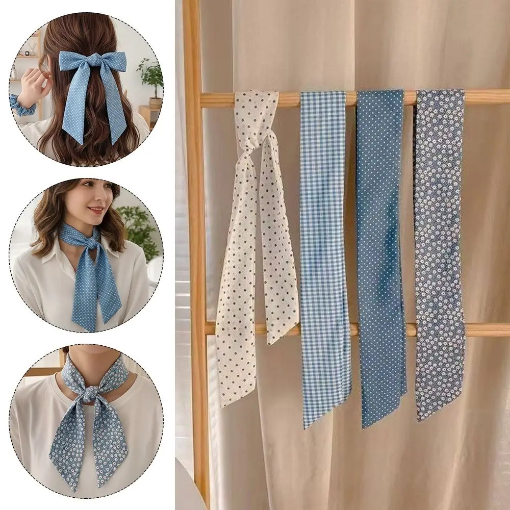 Korean Style Light Blue Series Polka Dot Hair Band Flower Plaid Plaid Pattern Plaid Neckerchief Thin Head Band Hair Accessories