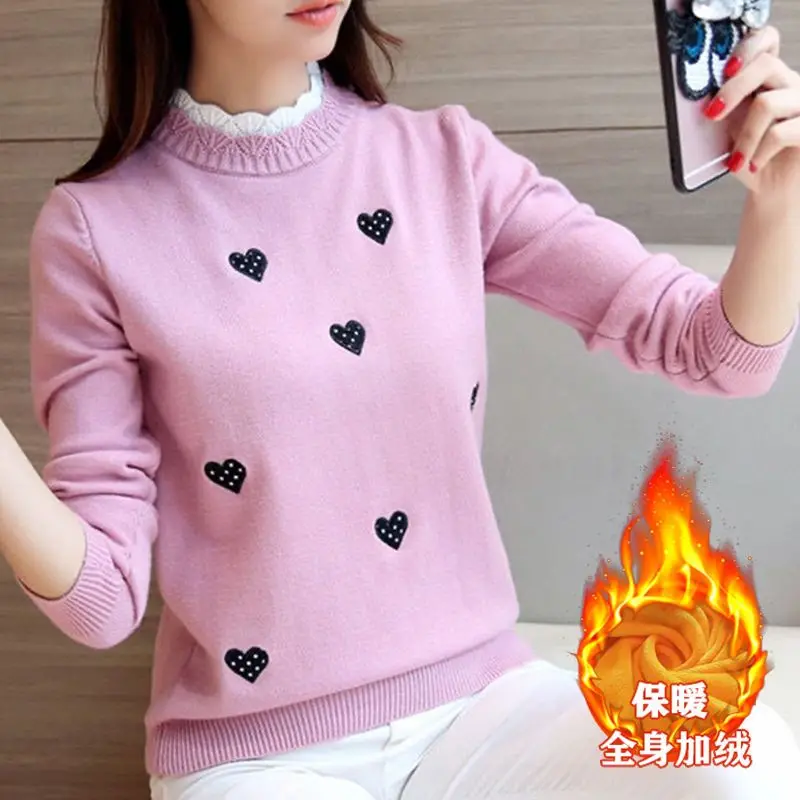 Autumn and winter new semi high neck warm wood ear fungus edge with velvet sweater loose and thick knitted base sweater inside