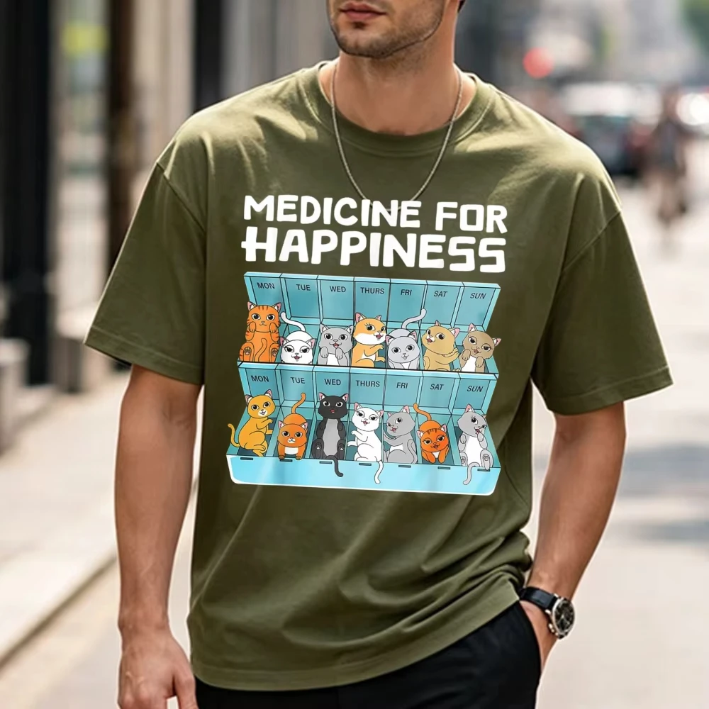 Medicine for Happiness Cats for Men Women Funny Cat T-Shirt Graphic T Shirt Men Clothing Streetwear Harajuku High Quality Cotton