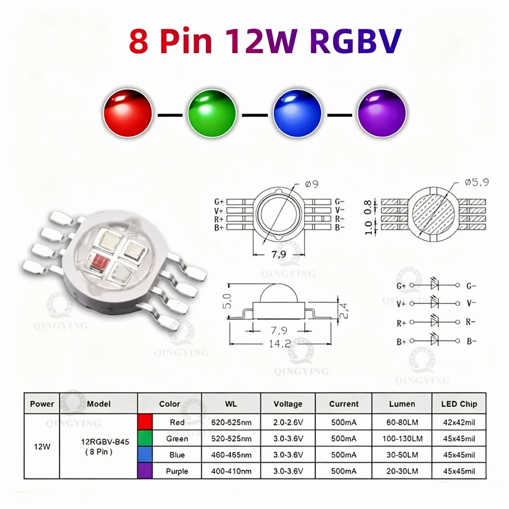 12W RGBW RGBWW RGBV RGBY COB Chip 1W 3W Red Green Blue White Yellow Purple 8Pin LED Stage Colorful Light Source Beads
