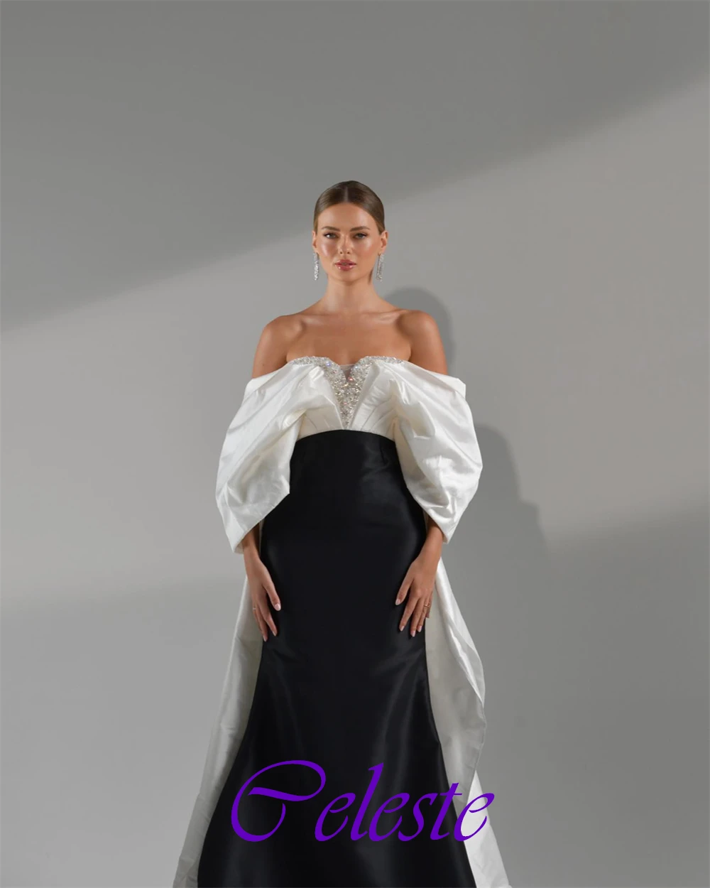 Customized Formal Strapless Satin Evening Dress Classic Mermaid Prom Dresses Luxury Crystal and Beading Special Occasion Gowns