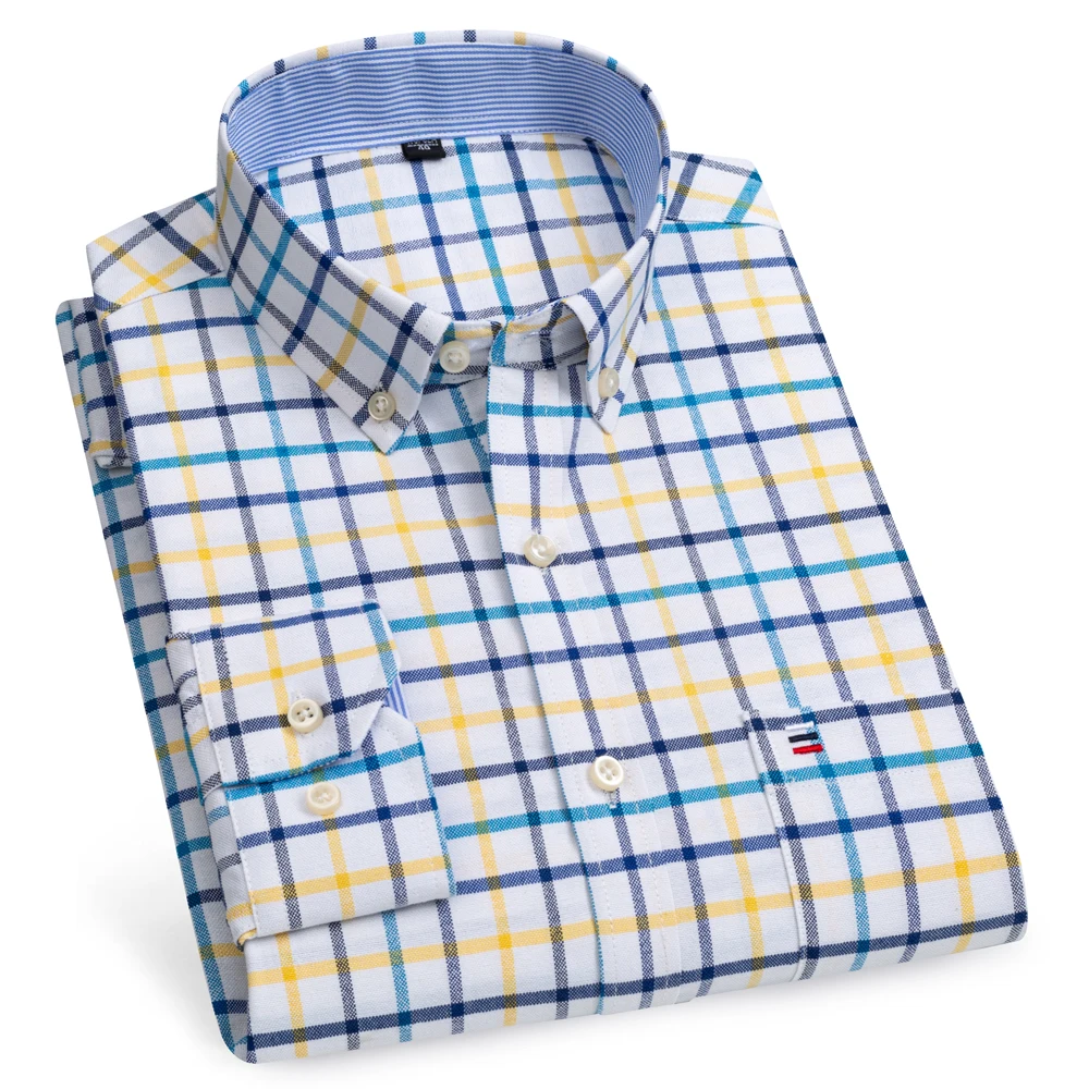 Men's 100% Cotton Long Sleeve Oxford Button Down Shirt with Pocket, Comfortable Small Check Color Block Casual Menswear Clothing