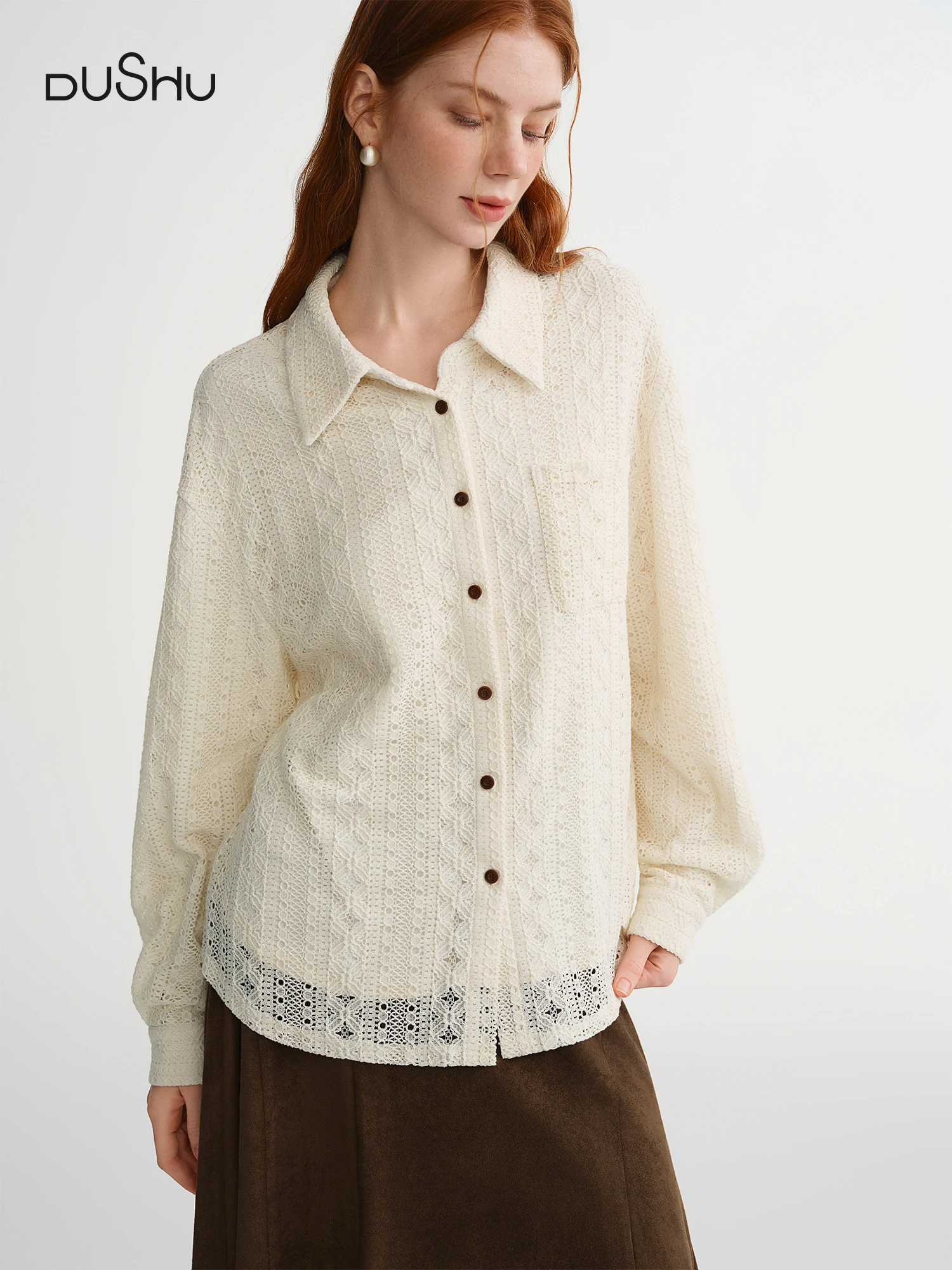 

DUSHU Romantic Artistic Hollow Out Embroidery Shirt Women 2025 Winter New Loose Tops Soft French Style Temperament Commuting