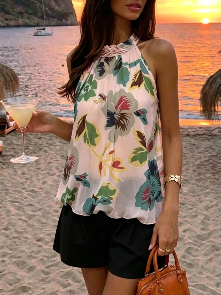Chic 2026 New Korean Women Sleeveless Floral Print Tank Top Summer Elegant Casual Loose Halter Neck Blouse Fashion New Clothing