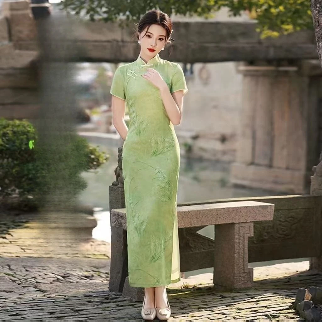 

Green Chinese Qipao 2025, Summer Retro Cheongsam Dress, Modern China Style Daily Wear Long Dresses Mandarin Collar