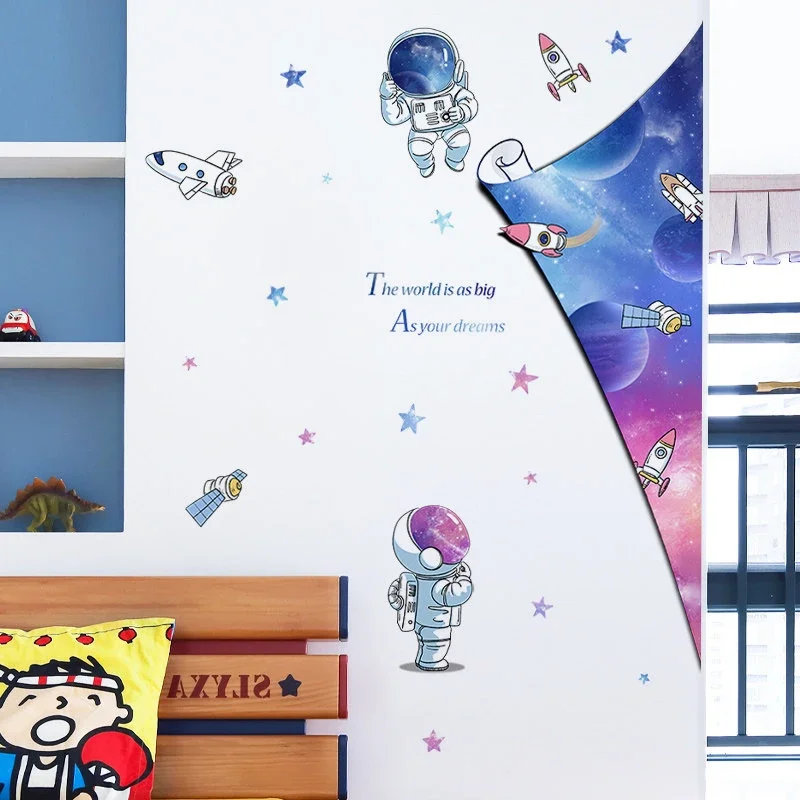 Cartoon Wall Stickers Starry Sky Astronaut For Kids Rooms Home Child Bedroom Wall Decor Self Adhesive Vinyl Sticker Wallpapers