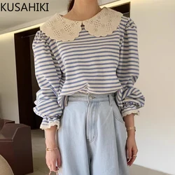 KUSAHIKI Korean Spring Sweet Lace Peter Pan Collar Causal Long Sleeve Striped T-shirts Fashion 2024 New Women Graphic T Shirts