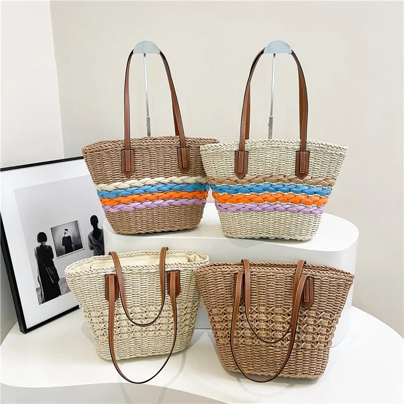 

2025 Woven Straw Shoulder Basket Tote - Large Handheld Beach Bag for Women