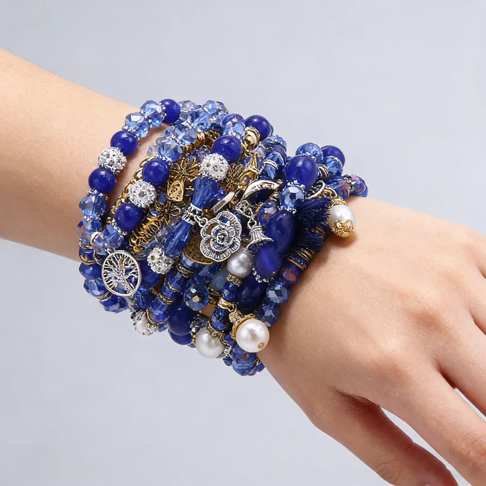 10pcs/set Flower Butterfly Charms Bracelet Elastic Bracelet Blue Glass Beads Bracelet For Women Girls Fashion Jewelry Gifts