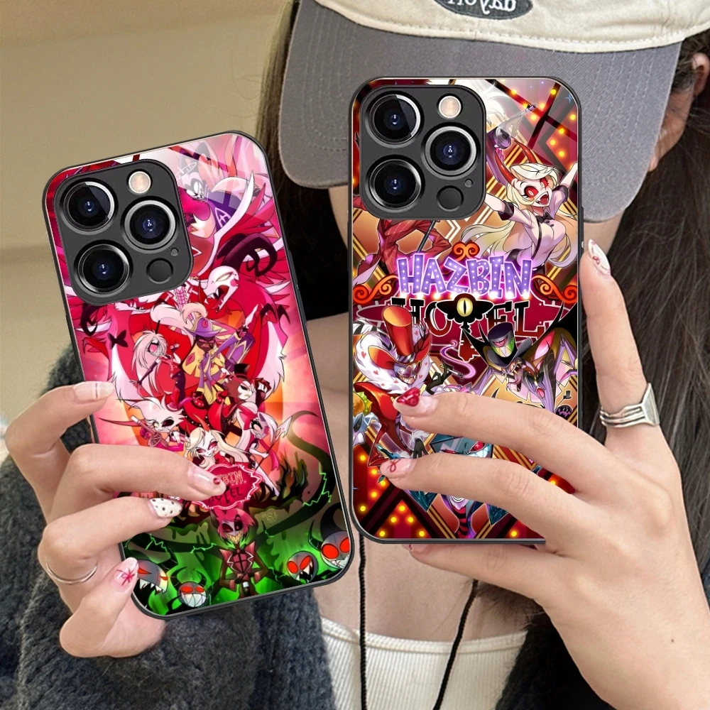 H-Hazbin Hotel Mobile Cell Phone Case for iPhone 15 14 13 12 11 X XR XS 8 Pro Max Plus Mini PC Glass Phone Cover Shell