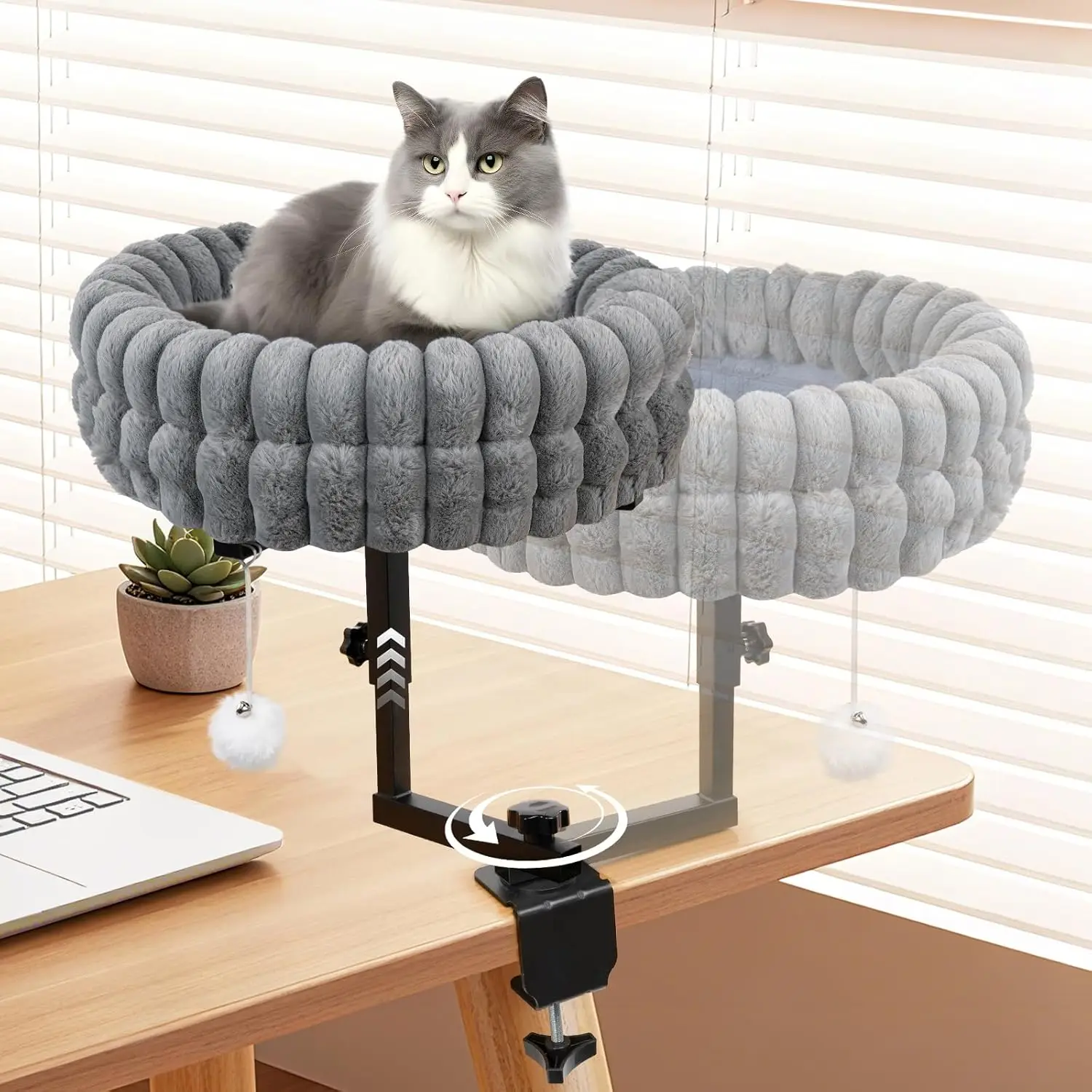 Cat Bed for Desk, 360° Rotating, Height Adjustable, Soft Faux Fur, Removable Washable Cover, Supports 50 Lbs