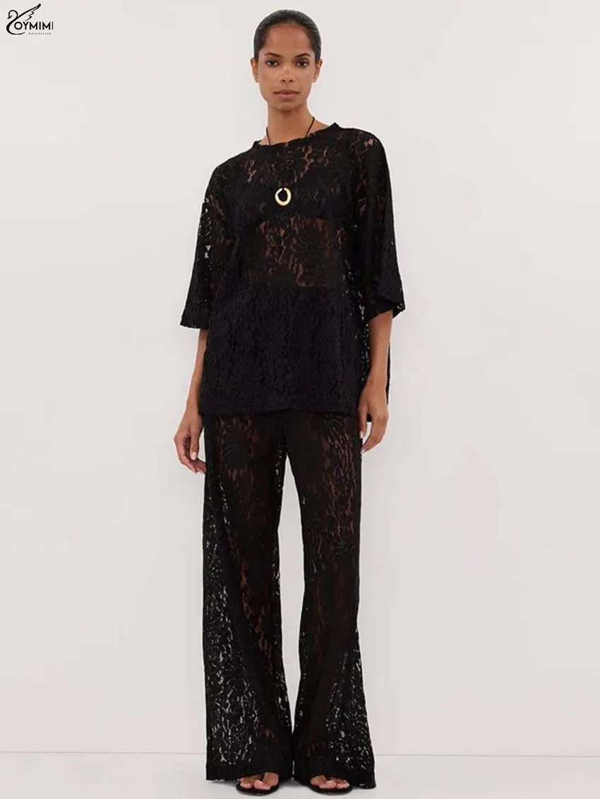 

Oymimi Sexy Black Lace Two Piece Outfits Woman Casual O-Neck Half Sleeve Translucent Blouses And Straight Trousers Female Sets