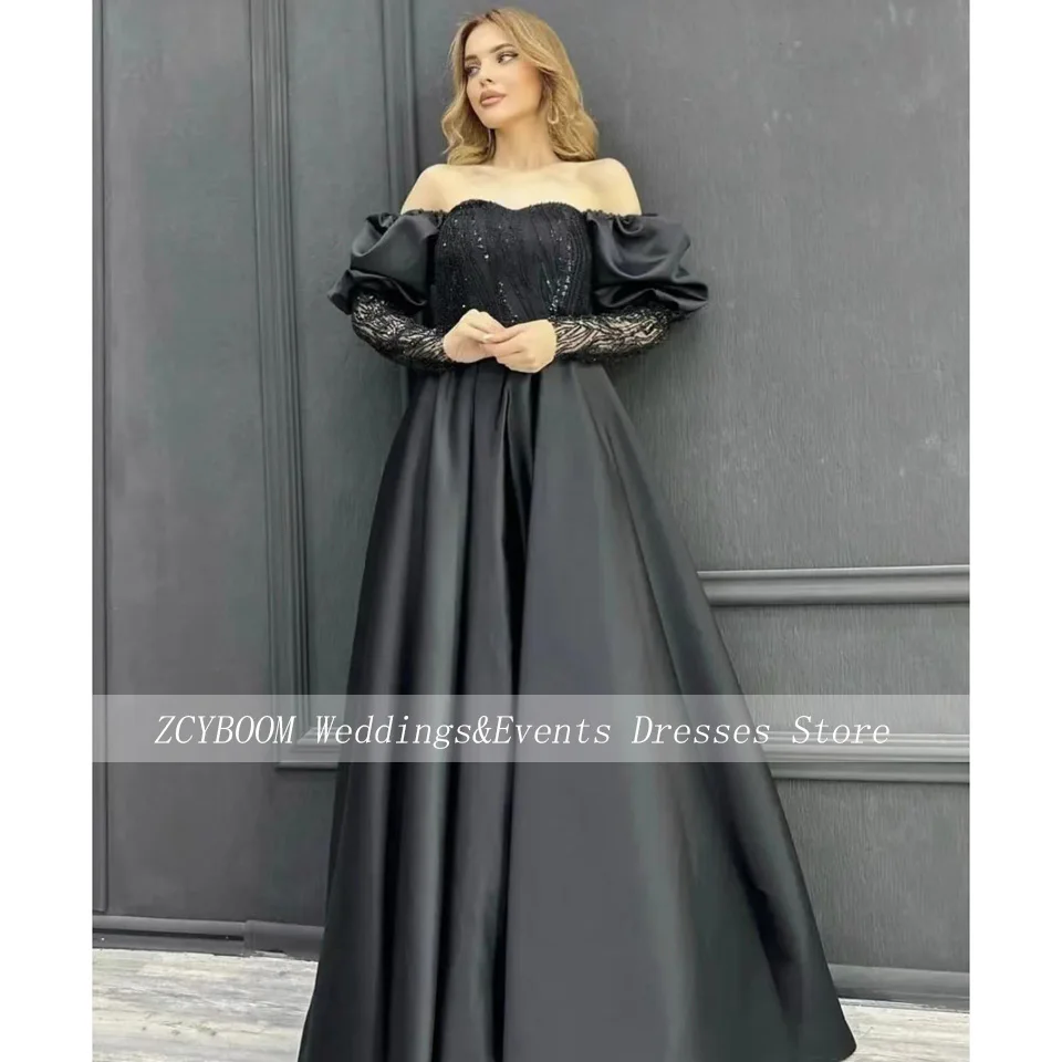 

Elegant Black Boat Neck Sequin Evening Dress 2025 A-Line Off The Shoulder Floor Length Stain Zipper Custom Made Formal Gown