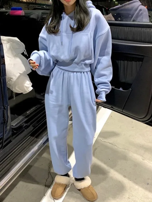 Faionable-Conjunto de ropa informal de invierno de talla grande para mujer, sudadera y pantalones con forro de Fce, estilo coreano, holgado y perezoso