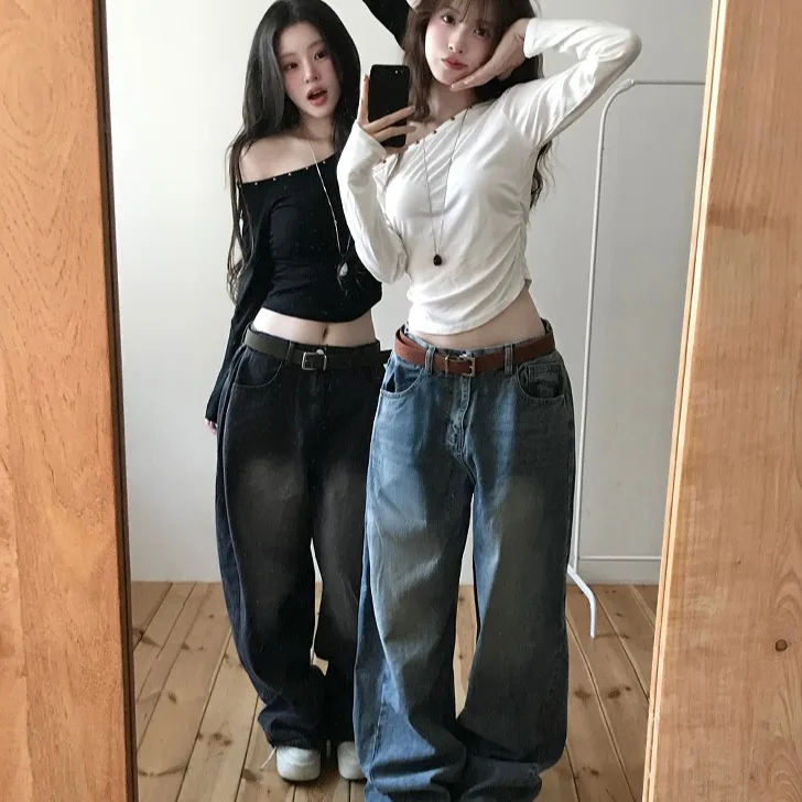 

Удобные джинсы с высокой талией и широкими штанинами в стиле Dongda Gate: новые модные повседневные длинные брюки с молнией и плиссировкой для женщин